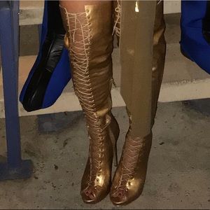 Gold Thigh High Lace Up Boots